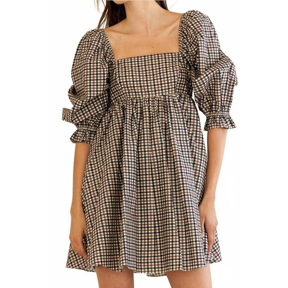 NEW STORIA florence mini dress in navy brown gingham - Picture 6 of 7